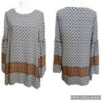 Spade & Heart Boho Bell Sleeve Pullover Print Tunic Blouse Blue Brown Size L Size L Photo 1