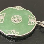 Sterling Silver Vintage 925 Natural Jade Jadeite Donut Circle Lucky Pendant 5.5g Photo 7
