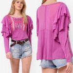 Free People  WISTERIA EMBROIDERED LONG SLEEVE LA CIENEGA PURPLE PINK MESH TOP S Photo 4