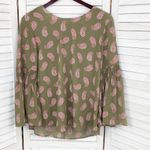 New York & Company Paisley Bell Sleeve Bow Back Blouse Shirt Olive Green Large Green Photo 9