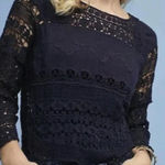 Deletta  by Anthropologie Dark Navy Crochet Lace Long Sleeve Top - Size - Large Photo 0