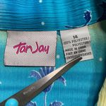 Vintage 90s Tropical Fish Print Shirt Blue Yellow Crinkle Button Front Top 14 Photo 8