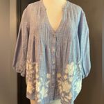 Lovestitch  Chambray Embroidered Floral Pintuck  Women's Blue Button-Up Top Photo 0