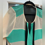 BCBGMAXAZRIA Cream Teal Black Color Block Front Zip Sheer Blouse Size XL Photo 1