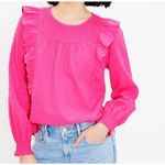 Loft Women's Hot Pink Clip Smocked Dots Long Sleeve Ruffle Blouse Top Size Large Photo 1