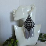 Statement Earrings Black Lace with Grey Feathers Photo 3