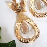 Tricolor Gold Drop Filigree Earrings Butterfly with Virgin Mary Photo 3