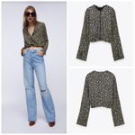 ZARA  Womens Black Print Crop Top Longsleeve Slit Cuff Round Collar SZ‎ Small NEW Photo 1