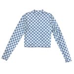 Storia  Checkered Silky Long Sleeve Mock Neck Cinched Cropped Top Size Small NWOT Photo 2