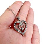 Diamond Double Heart Sterling Silver Box Chain Pendant Necklace Photo 4
