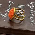 Vintage Floral Carved Ring – 1970s Cabochon, Gold Adjustable Handmade Orange Photo 4