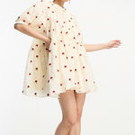 Sister Jane Prairie Rose Embroidered Tiered Puff Sleeve Mini Dress Cream‎ Medium Red Photo 0