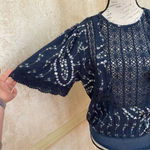 Free People  Bali Tate Mixed Media Crochet Floral Printed Bodysuit Blue Sz S Photo 4