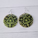 Vintage Dangle Earrings Extra Large Painted Shell Green & Black Photo 1
