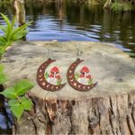Moon‎ & mushrooms wooden drop dangle earrings Brown Photo 2