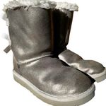UGG  Bailey Bow Glisten Boots Mid Calf Shearling Lined Suede Metallic Silver 6 Photo 0