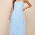 Lulus NWT  Delightful Beauty Blue Mesh Strapless Ruched Ruffled Maxi Dress Sz S Photo 0