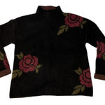 MB Women’s Medium Fuzzy Black Sweater Red Rose Floral Mockneck Pullover 20x23 Photo 0