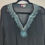 Itsu Womens 100 % Silk Size 6 Long Sleeve Blouse Beaded Sequin Black Blue Photo 1