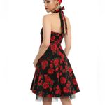 Hot Topic  MED red & black floral swing halter dress scalloped bust trim pin up Photo 3