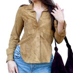 Anne Klein 70s Vintage Genuine Leather Suede Camel Western Button Down Shirt 2 Tan Photo 0