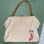 Vintage Hand painted Santa Canvas Tote Bag with Tan Handles Christmas Purse Photo 4