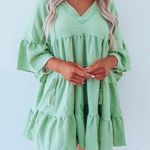 Boutique Tassel V-neck Bell Sleeve Crinkle Sage Dress Photo 0