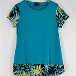 Antthony Teal Stretchy Liquid Knit Floral Leaf Print Mesh Sleeves Hem Tunic Blue Size M Photo 0