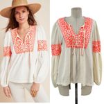 Anthropologie Maeve Louisa Peasant Top Textured Cream Neon Coral Size Medium Photo 1