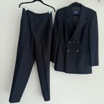 Vintage Wool Pant Suit Women Small Navy Double Breasted Minimalist Career Luxury Blue Photo 4