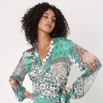 Lulus *NWT* Lulu’s Green Satin Scarf Print Wrap Top Photo 8