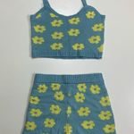Luna Flower Knit Crop Top and Short Set Blue Yellow Size Medium Photo 1