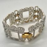 Trifari Vintage Crown  White Enamel Wide Open Work Filigree Bracelet Mid Century Photo 1