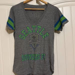 Seattle Sounders T Shirt Women's Medium Gray V Neck Short Sleeve MLS Soccer Photo 0