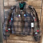 Driftwood  Brown Plaid Jacket with Floral Embroidery Photo 0