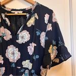 Loft  Navy Large Floral Ruffle Sleeve Dress Size Small Photo 2