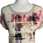 High Low Stretch Knit Pullover Top M Cream Pink Cuffed Sleeve Round Neck Size M Photo 1