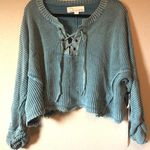 vintage savannah Turquoise Slouchy Crop Lace Front Sweater Photo 0