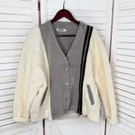 Porter Collective Denim Knit Bomber Sweater Jacket Taupe Cream Small Gray Photo 6