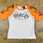 Harley Davidson Y2K Womens Raglan L Orange White Rose Tribal Tattoo Rhinestone Photo 0
