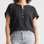 Quince  Black 100% Organic Cotton Gauze Roll Sleeve Shirt Size Large Photo 0