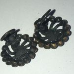 Vintage Aged Brass Tone AB Red CZ Rhinestone Round Clip On Earrings Photo 5