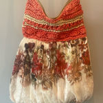 Fall weather ladies fabric /straw tote bag floral pattern Orange Photo 0