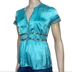 Karen Millen England Size 6 Turquoise Deep Neck Button Waist Top Blouse Photo 4