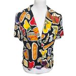 Lisa Says Gah Andie Button Top Women’s Size XS Food Print Cropped Linen Shirt Black Photo 5