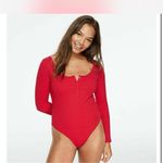 PINK - Victoria's Secret Pink by Victoria’s Secret Ribbed Henley Bodysuit Red Medium Long Sleeve Thong Photo 1