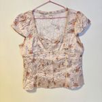 Lucky Brand  Babydoll Short Sleeve Silky Satin Blouse Top Floral Womens L NWT Photo 3