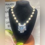 Handmade Vintage Plastic Bead Necklace Silver Flower Pendant Blue Center Magnet Clasp 16” Photo 0