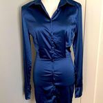 Boutique NWOT Womens Super Sexy Satin Shirt Dress Silky Satiny Dark Navy Size Medium Photo 0