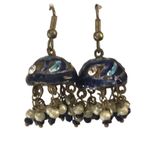 Vintage Jhumka Chandelier Earrings Half Sphere Enamel Beaded Tassels Blue/Gold $ Blue Photo 3